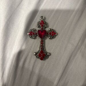 Red Heart Cross Pendant - Silver-Tone Red Crystal Accent